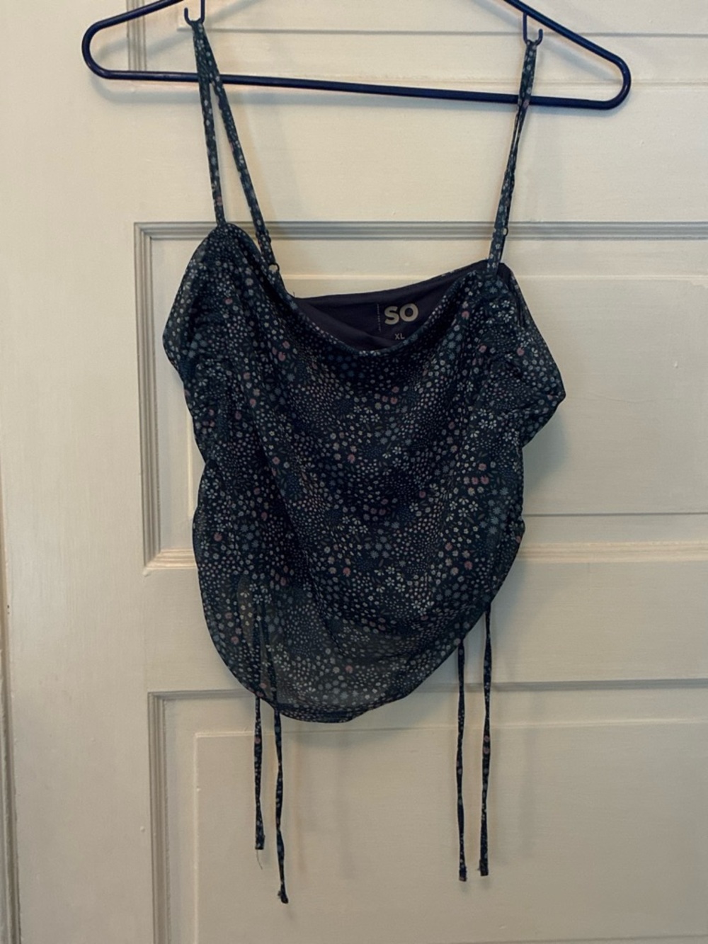 SO Black Floral Cowl Neck Crop Top with Pink and Blue Accents